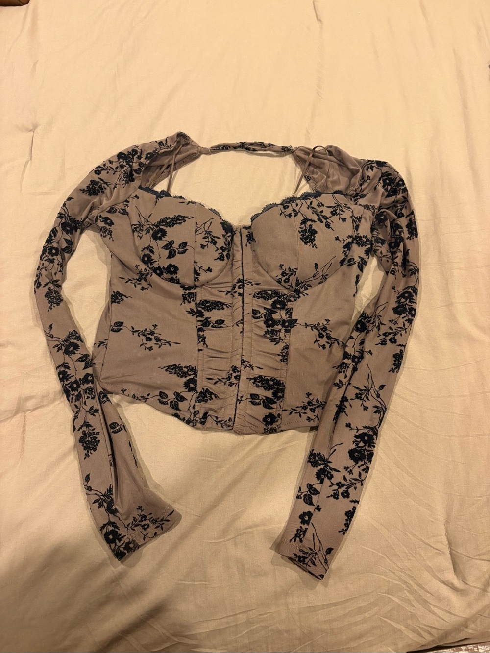 Windsor Taupe Floral Long-Sleeve Corset Crop Top